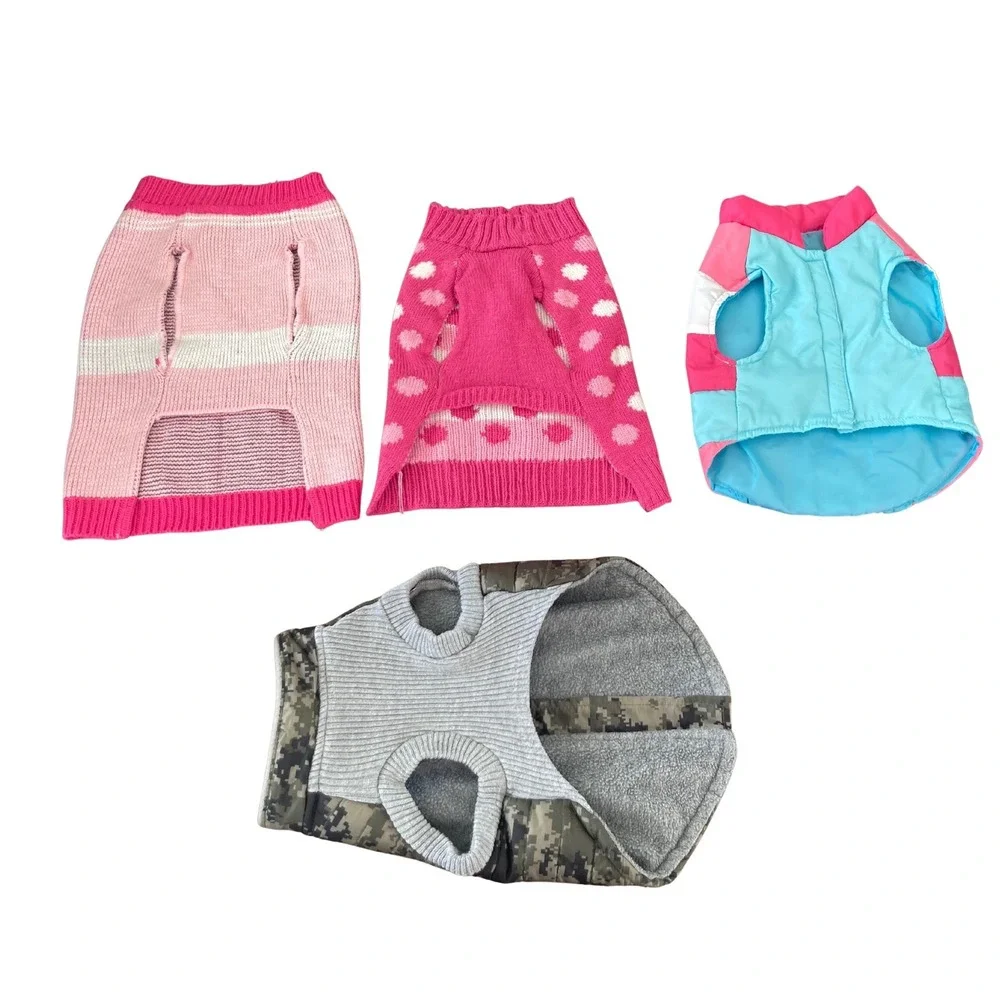 Lot of 4 SM-MED‎ 14-17 lb. Dog Sweaters Coats Apparel Pink Camo Polka Dot Argyle
